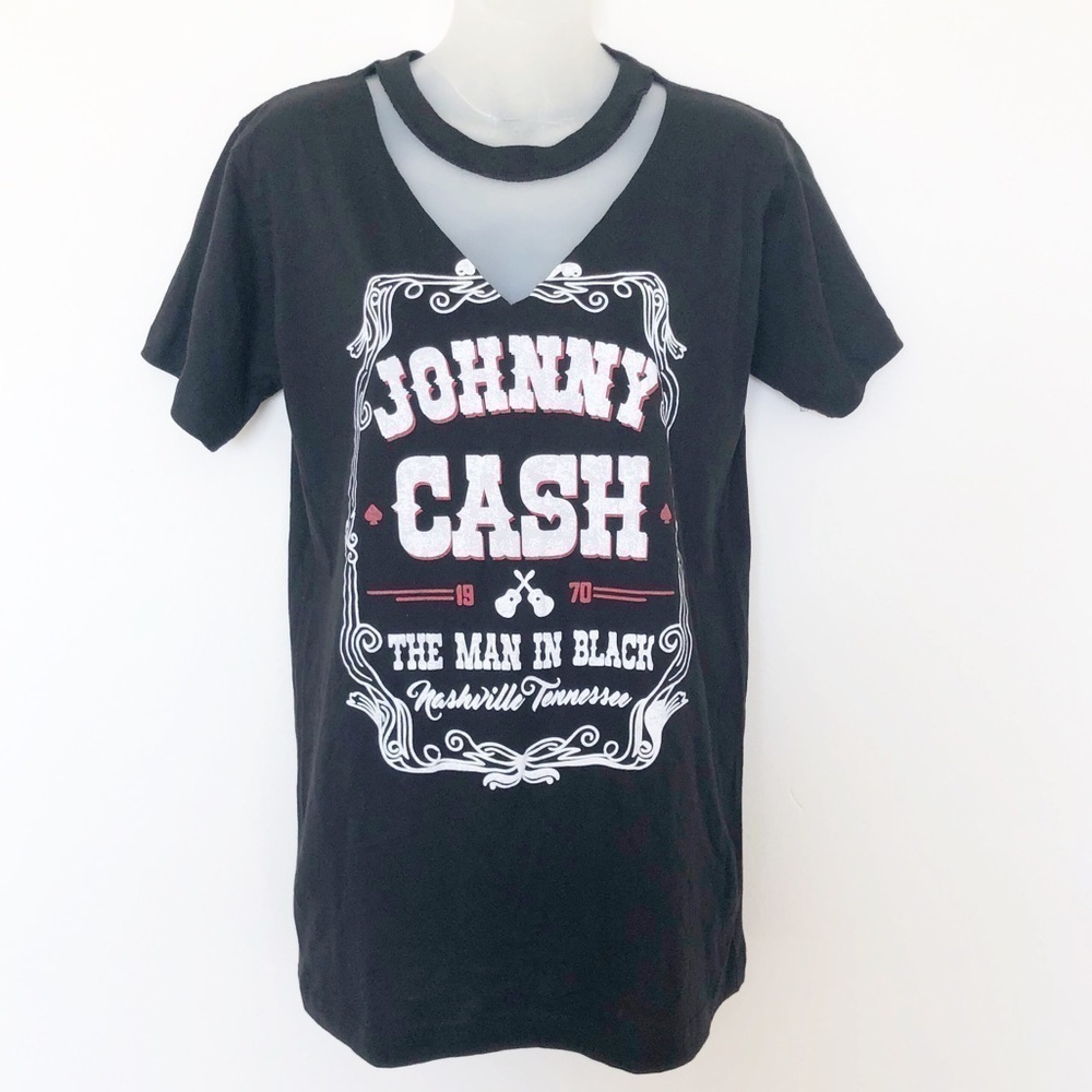 Johnny Cash Destroyed The Man In Black Graphic Print Band Choker Tee Size XS